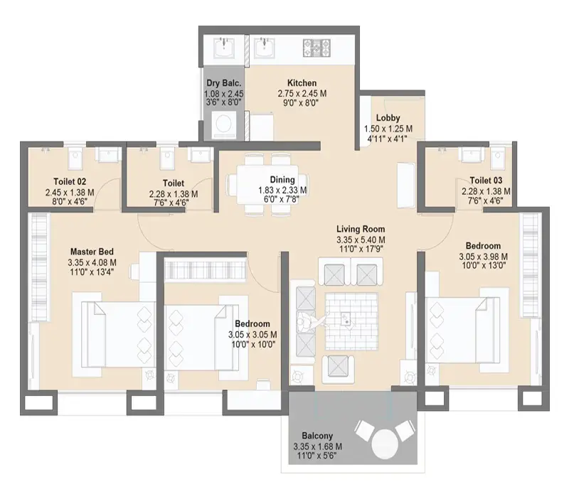 Kohinoor Kaleido 3 BHK apartment layout Pune